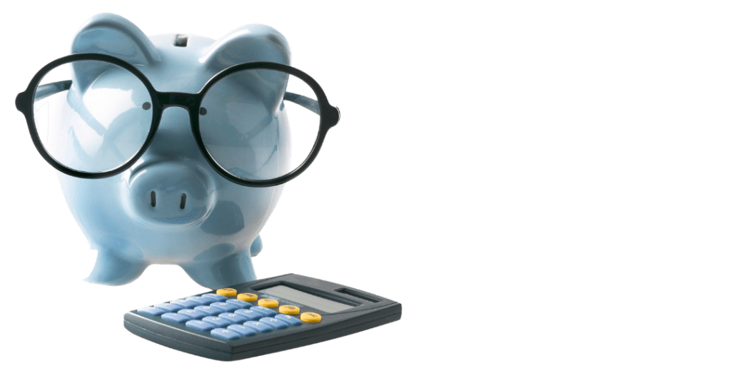 blue piggy bank with large glasses standing by a calculator