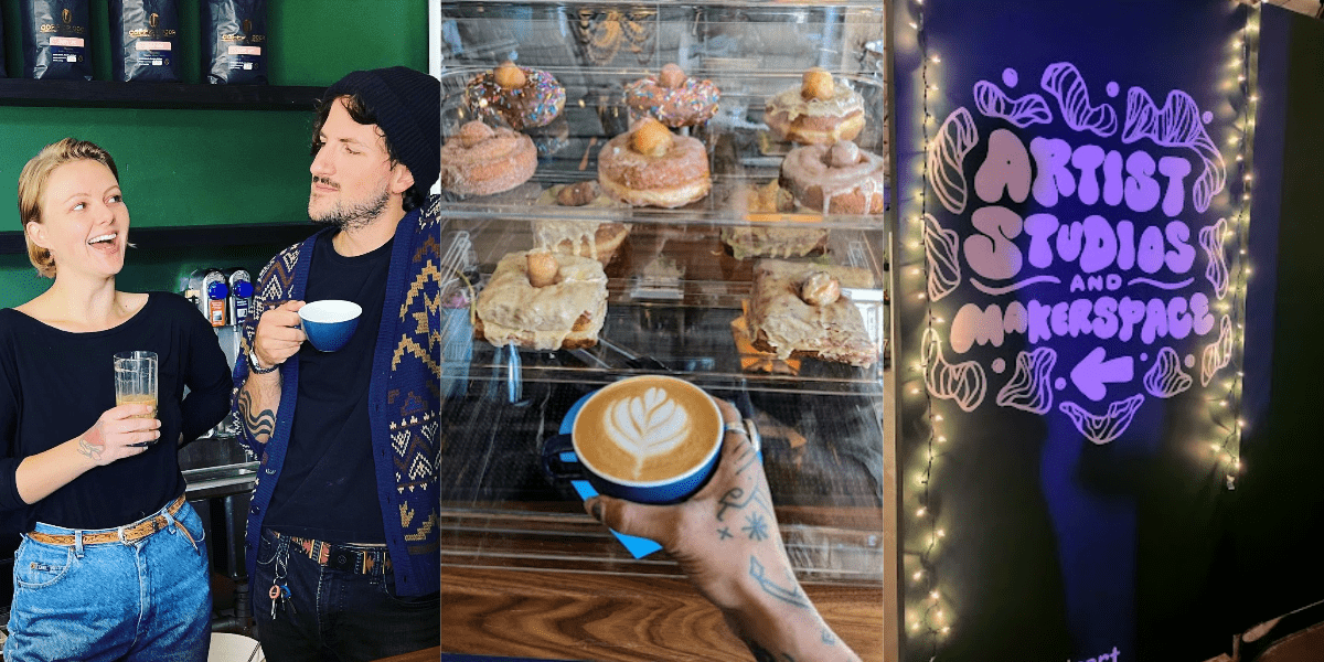 Various scenes of people enjoying themselves inside of Town Hall Collaborative